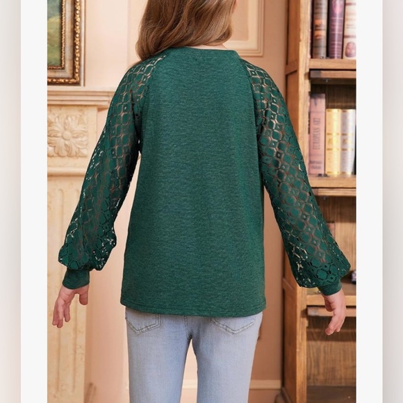 Blibean Green Lace Sleeve Top | Girls Size 8-9 | Long Sleeve Boutique Blouse - Picture 4 of 9